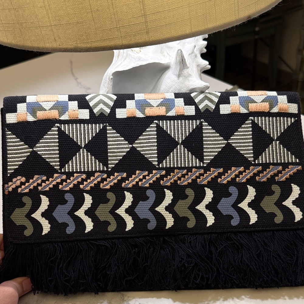 Stella & Dot Embroidered Geometric Fringe Clutch